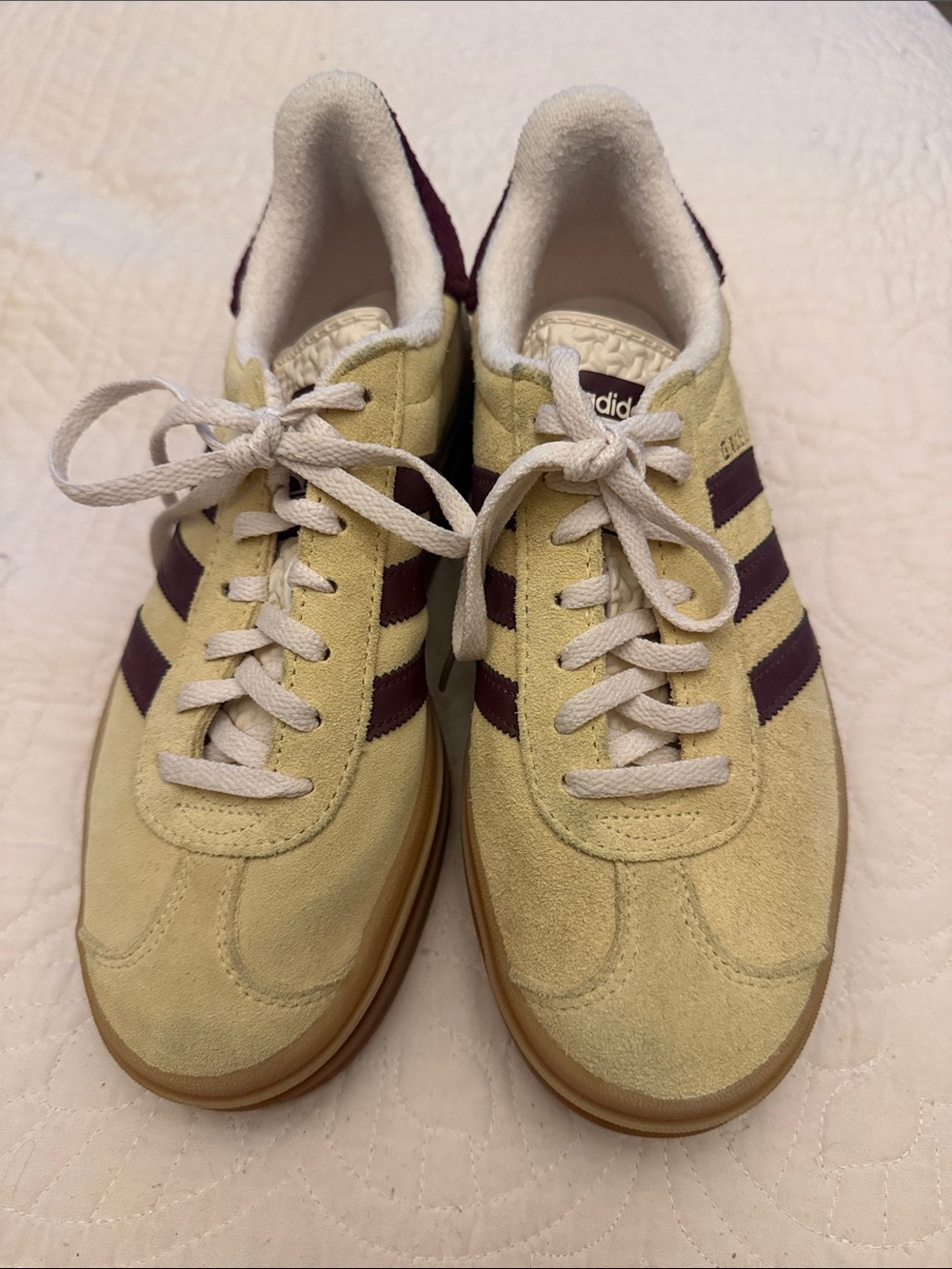 adidas Gazelle platform Pale Yellow Suede Sneakers with Burgundy Stripes. W7.5